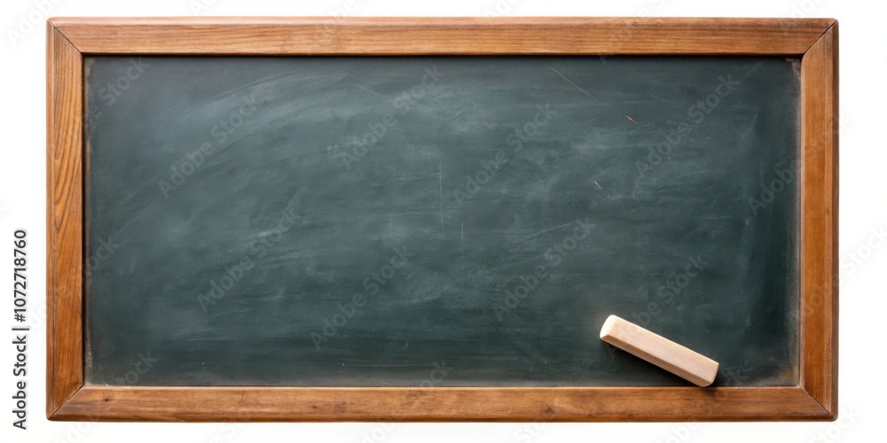 Aufkleber an empty green chalkboard with a wooden frame and a single piece of chalk lying on the surface