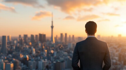 Fototapeta premium Businessman Contemplating Future in Tokyo Skyline Sunset