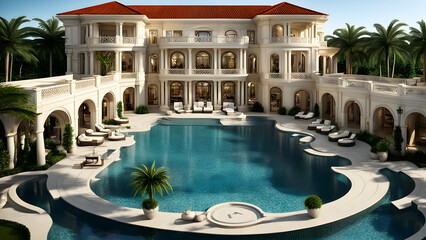 Beautiful resort exterior design, fancy resort, luxury vacation concept background, fancy travel, millionaire resort, ai generated