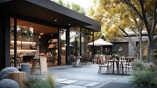 Modern outdoor cafe with cozy seating area.