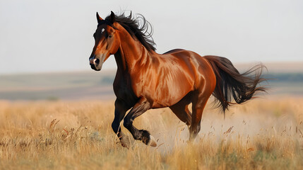 Fototapeta premium Splendid Display of Equine Agility and Speed: A Chestnut Horse Galloping On Open Fields