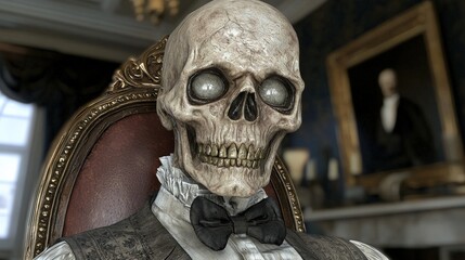 Eerie Skeleton in Formal Attire  Sitting in Gilded Chair  3D Render