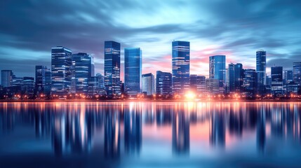 Fototapeta premium Modern City Skyline at Dusk with Reflections
