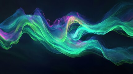 Obraz premium Abstract Neon Green and Pink Swirling Waves on Black Background - Digital Art, Futuristic, Technology