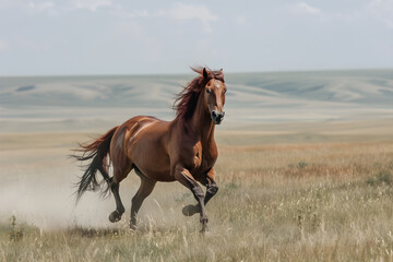 Fototapeta premium Splendid Display of Equine Agility and Speed: A Chestnut Horse Galloping On Open Fields