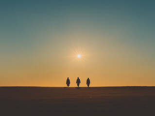 A minimalist, high-quality photograph of three silhouetted figures representing the Three Wise Men walking across a desert at dawn, guided by a bright, radiant star in the sky.