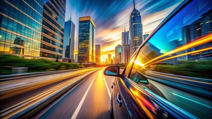 Naklejka premium Dynamic Architectural Photography of a Car Ride with Timelapse Effect and Blurred Background Showcasing Urban Landscapes and City Skylines in Motion