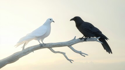 Fototapeta premium White Dove and Black Raven Perched on Branch Against a Soft, Light Background.