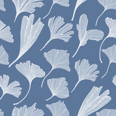 Freehand drawing navy Blue Leaves of Ginkgo Biloba tree. Modern seamless pattern for packaging design, wallpaper, textile. decorative floral ornamental background
