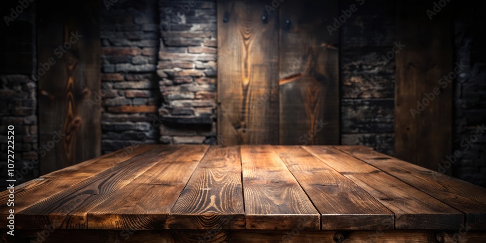 Aufkleber Rustic wooden tabletop with a backdrop of weathered brick and wood planks, creating a warm and inviting atmosphere for product display or graphic design.