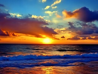 Obraz premium Peaceful Sunset Coast Ocean Sea Sunrise Horizon Sunlight Water 