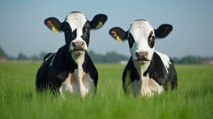Fototapeta premium Two Cows in Green Pasture Under Clear Sky