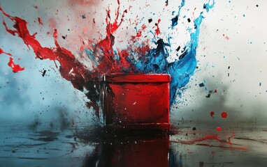 Red and Blue Liquid Exploding Around a Red Object, Abstract Background, Artistic Splash