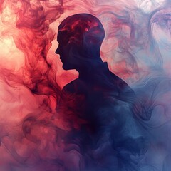 Fototapeta premium Abstract Silhouette of a Man in Red and Blue Smoke - Conceptual Art, Human Form, Mystical, Dreamlike, Spiritual, Mind, Thought, Inner World.
