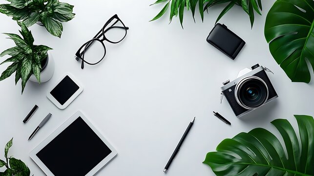 Flat lay photo of photographer workspace with laptop camera notebook and accessories on white background