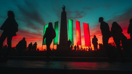 Celebrating Mexican Independence Day at sunset in a vibrant plaza with historic monument and flags