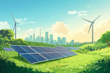Eco-Friendly Urban Cityscape with Solar Panels, Wind Turbines, and Green Landscape Showcasing Renewable Energy and Sustainable Development