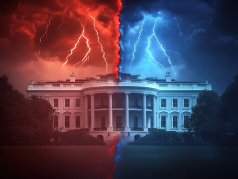 Dramatic Stormy Sky with Lightning Strikes over the White House - American Political Concept.