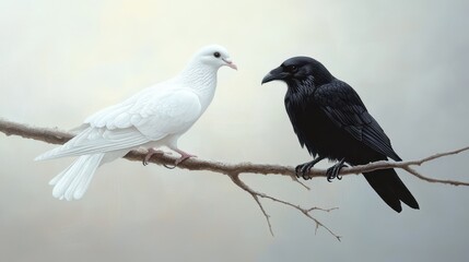 Obraz premium White Dove and Black Raven on Branch - Symbolic Bird Artwork - Peace and Darkness Contrast.