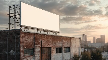 Obraz premium Urban billboard atop brick building at sunset.