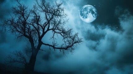 Naklejka premium Silhouette of a Tree Against a Full Moon and Starry Night Sky.