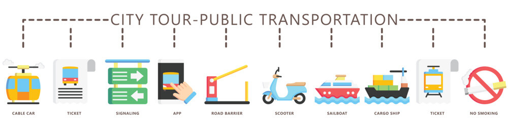 Obraz premium City tour, public transportation flat color icon banner. contain ticket, train, scooter, cable car, road sign, ship, app and more. Vector EPS 10. for print, UI or UX kit, web and app development.