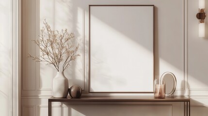 Elegant Minimalist Interior Design with Empty Picture Frame, Vase and Mirror on Console Table, Beige Walls, Soft Light.