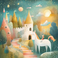 Enchanted Unicorn Castle: A whimsical illustration of a fairytale castle at sunset, with a princess riding a unicorn, and magical creatures in a dreamy landscape.  