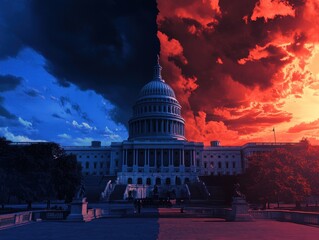 Dramatic Sunset Sky Over the US Capitol Building with Blue and Red Clouds