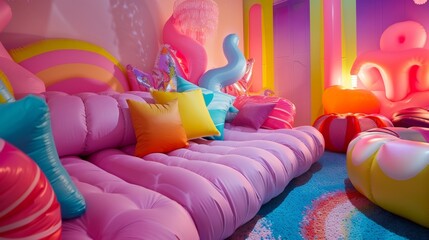 Experience a sensory overload in this Y2Kinspired room filled with inflatable furniture and decor evoking a sense of nostalgia and whimsy.
