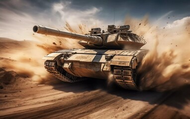 A powerful tank maneuvers through a dusty landscape, showcasing military strength and mobility.