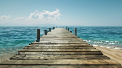 Fototapeta premium Wooden jetty leading to the sea with blue sky and clouds