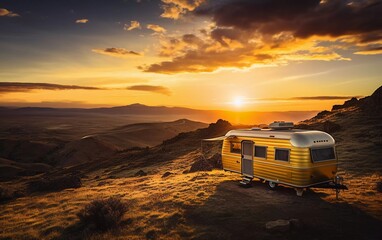 Obraz premium A vintage yellow camper trailer sits on a hillside during a vibrant sunset.