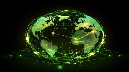 Obraz premium Globe with neon grid overlay, holographic style, connecting lights in green and cyan, dark backdrop, high-resolution illustration