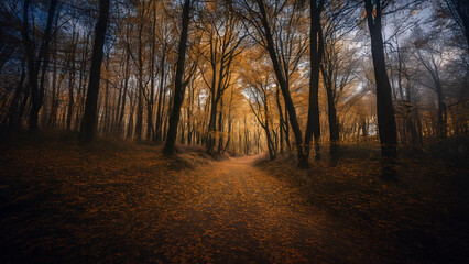 Fototapeta premium A winding path covered with dry leaves that crosses a forest in autumn