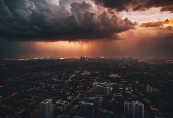 Fototapeta premium Aerial view of a cityscape at dusk with dramatic clouds and illuminated streets.