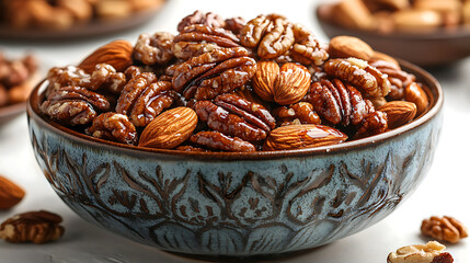 Obraz premium decorative bowl filled with mix of candied nuts, including pecans, almonds, and walnuts, creating delightful and inviting snack