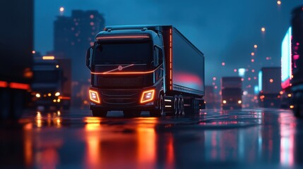 Futuristic Autonomous Truck in Neon Urban Setting