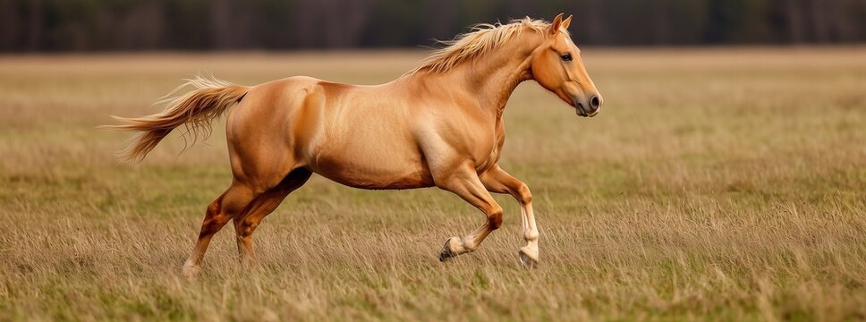 A majestic horse running freely through an open field at sunrise, with soft morning light illuminating its mane.