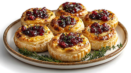 Cranberry brie bites arranged on decorative plate, showcasing delicious appetizer. flaky pastry is topped with sweet cranberries and herbs, perfect for gatherings