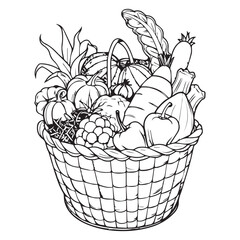 Still life with vegetables. Cabbage, eggplant, tomato, onion, garlic, chili pepper, sweet pepper, cucumber. Stylized black and white vector illustration