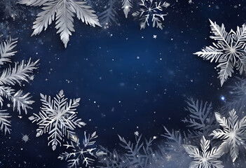 A festive winter background with silver snowflakes and stars on a dark blue backdrop, creating a magical and elegant holiday atmosphere.