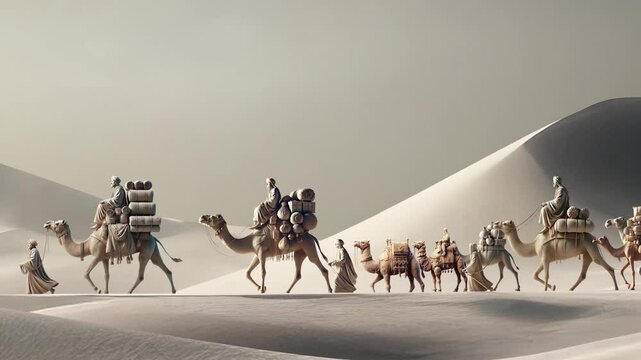 Group of nomadic traders on camels crossing a vast desert. Minimalist style.