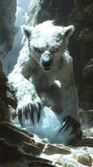 Naklejka premium A fierce, snow-covered bear claws at a chunk of ice in a rugged, icy landscape.