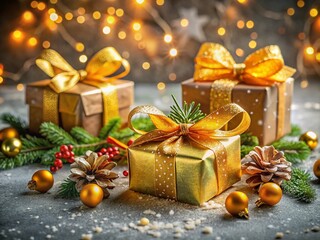 Elegant Wrapped Gifts with Gold Ribbon and Bows on a Gray Countertop Surrounded by Sparkling Lights and Snow for Festive Food Photography