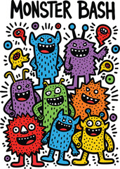 Adobe Illustrator Artwork of cute, fun, colorful monsters in celebration of a Monster Bash.