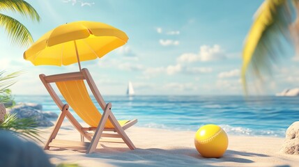 3D vector beach chair, yellow umbrella, and ball, summer holiday:
