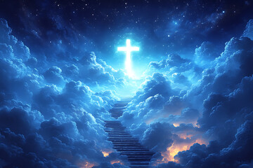 A cross in the sky, shining brightly, surrounded by clouds with stairs leading up to it. The colors are blue and white, in a hyper-realistic style