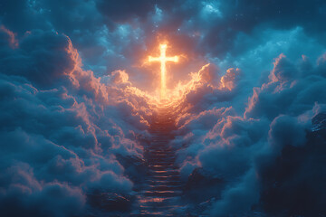 A cross in the sky, shining brightly, surrounded by clouds with stairs leading up to it. The colors are blue and white, in a hyper-realistic style