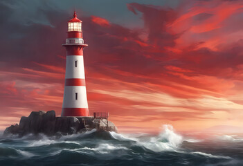 A red and white lighthouse stands on a rocky shore amidst turbulent ocean waves under a cloudy sky.